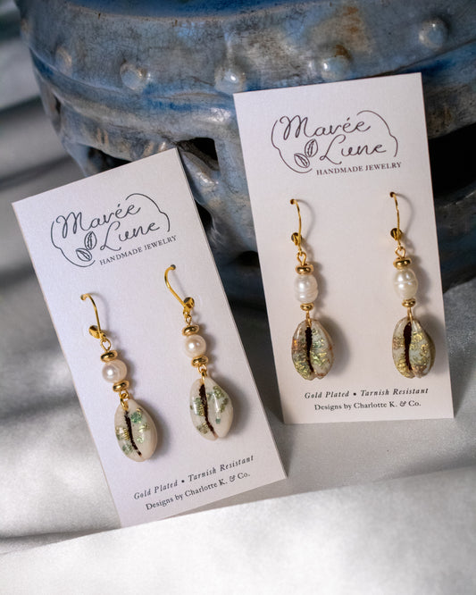 Shell-Studded Pearl Lever Back Earrings in 18K Gold Plated Stainless Steel