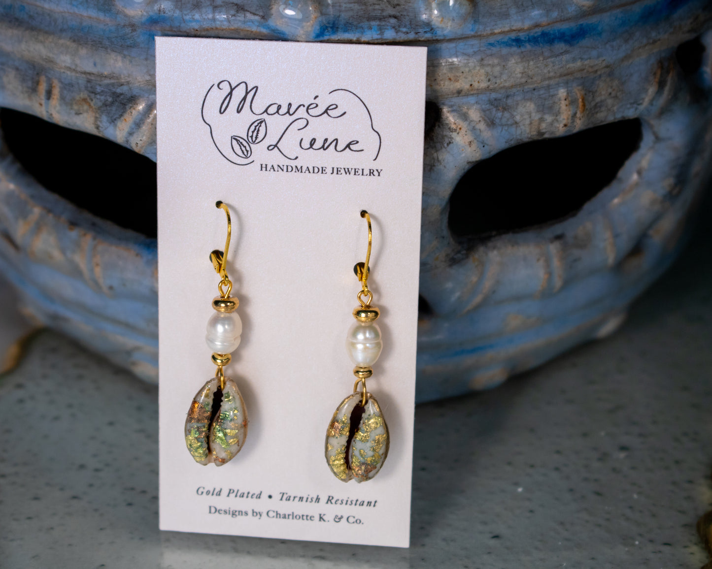 Shell-Studded Pearl Lever Back Earrings in 18K Gold Plated Stainless Steel