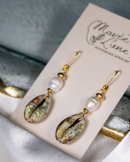 Shell-Studded Pearl Lever Back Earrings in 18K Gold Plated Stainless Steel