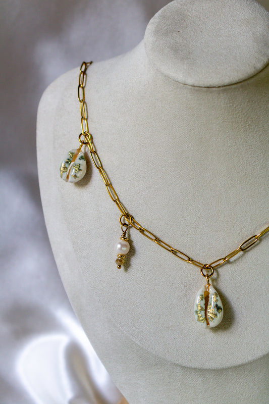 Dainty Freshwater Pearl and Gilded Cowrie Necklace